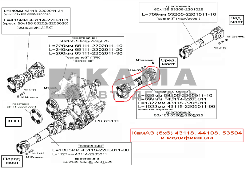 вал карданный L=1322мм 43118-2205011 (Сред.моста 43118 / Перед.моста №1 6560)