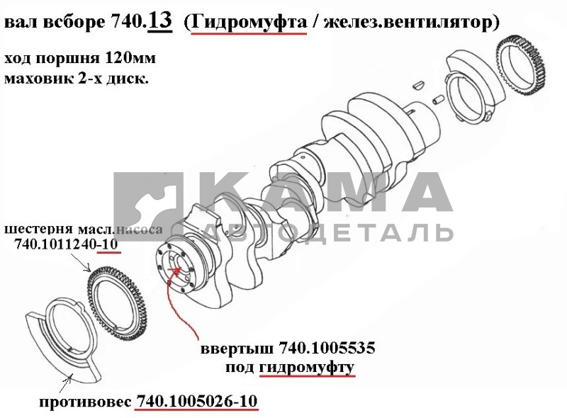 вал коленчатый двигателя 740.13-1005008 (Гидромуфта, маховик ст.обр., ДВС-740.13(11) Е0,1) "КамАЗ"