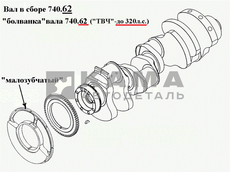 вал коленчатый двигателя 740.62-1005008 (малозубч. противовес, датчик к/вала, "ТВЧ"- до 320л.с..) ПАО"КамАЗ"