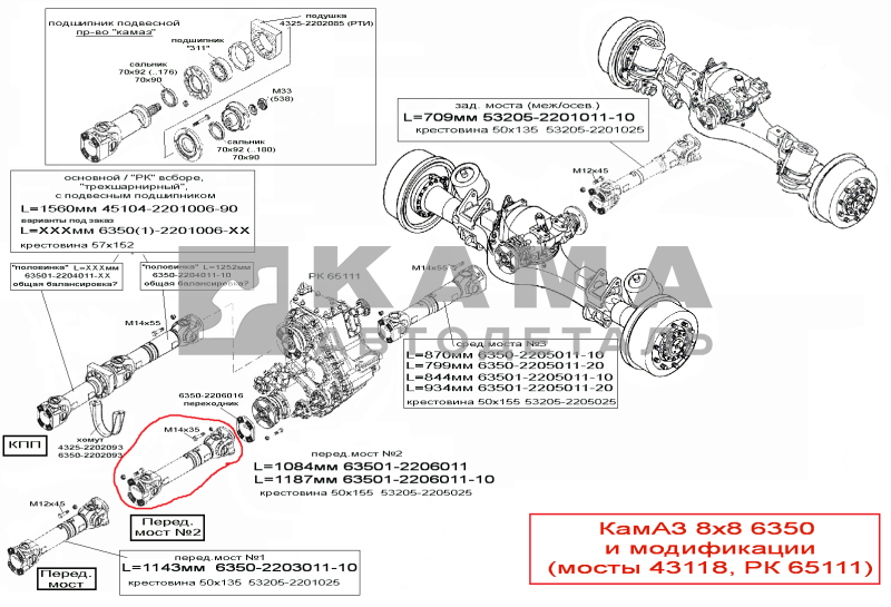 вал карданный Пер.(№2) моста 6350 L=1084мм 6350-2206011 (8х8, мосты 43118, РК65111) 63501-2206011