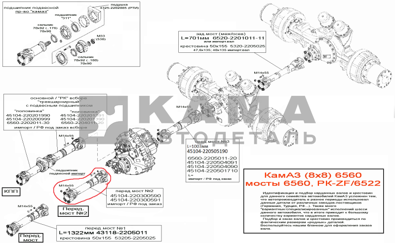 Валы карданные на автомобили КамАЗ 8х8 (6560;... мосты 6560, РК-ZF/6522)