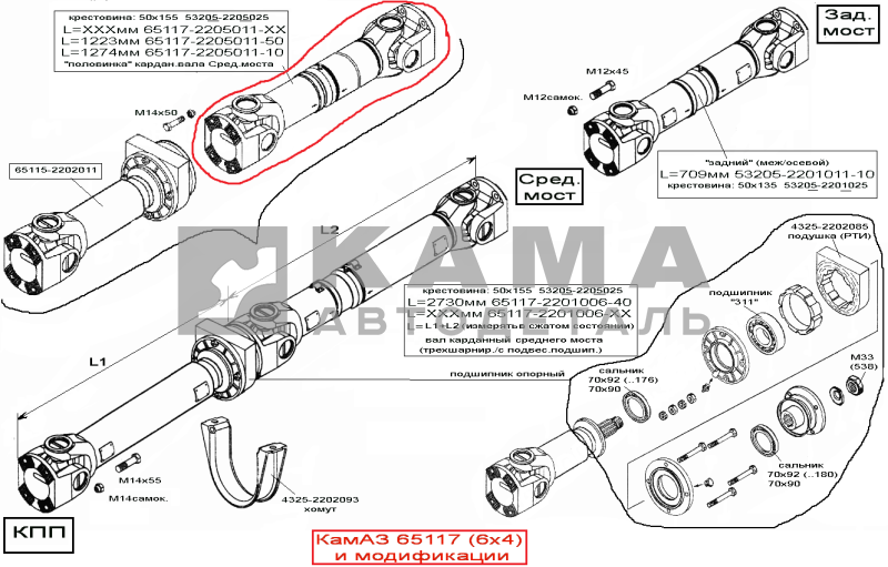 вал кард. сред.моста L=1223мм 65117-2205011-50 ("половинка"карадана с Подвес.ПОДШИПником, Торц.шлиц)